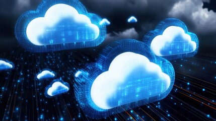 Poster - abstract digital illustration of glowing blue and white clouds representing data storage and transfe