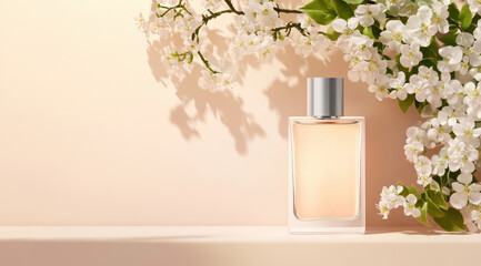 Wall Mural - Elegant perfume bottle surrounded by delicate white flowers, creating serene and fresh atmosphere. Perfect for showcasing fragrance in product photography