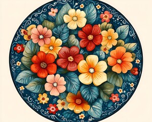 Floral painted round plate, decorative flowers, dark blue background