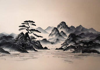 Poster - Asian-style ink wash painting of a serene mountain landscape.  Misty mountains and trees on rocky hills surround calm water. Peaceful scenery.