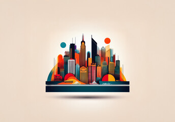 Aufkleber - Colorful abstract cityscape illustration featuring varied buildings, shapes, and circles against a light backdrop. Graphic design style.