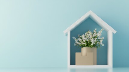 Poster - Minimalist House Shaped Shelf with Flowers,  Empty Space, Modern Design