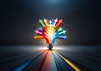 Poster - A bright lightbulb radiates colorful arrows on a lined surface against a dark backdrop. It represents ideas branching out in different directions.