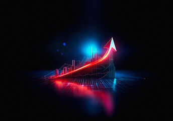 Poster - A vibrant red arrow dynamically ascends over a dark cityscape silhouette, illuminated with neon blue and red lights. The upward trajectory signifies growth and progress in a futuristic style.