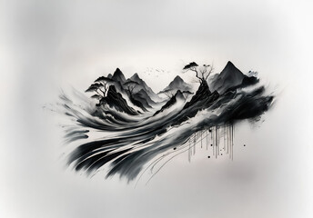 Poster - Ink wash painting of a mountain landscape with trees in black and white. Fluid and expressive, the artwork evokes traditional Asian art styles.