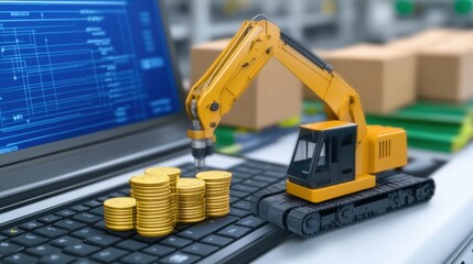 Poster - Yellow construction toy machine on a computer keyboard near stacks of gold coins, a digital blueprint displayed on the screen, shallow depth of
