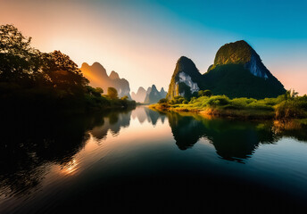 Poster - Serene landscape with a calm river reflecting lush mountains and trees under a warm sunset sky. Tranquil nature scene with golden light.