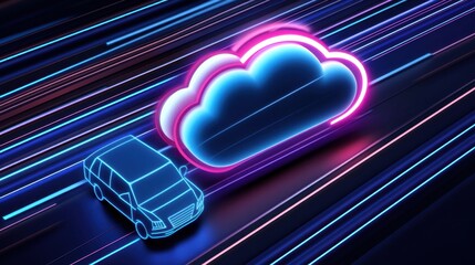 Poster - a vibrant blue vehicle and cloud icon traverse a digital highway. future technology is visualized th