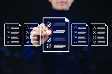 Poster - Digital checklist and survey form completion concept. Businesswoman interact with virtual checklist icons, digital forms, survey, data verification, document approval, and business process automation.