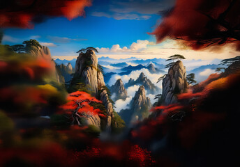 Poster - Majestic mountain peaks ascend through clouds, framed by vibrant autumn foliage against a clear blue sky. A scenic and breathtaking landscape.