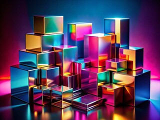 Poster - Colorful Abstract Metallic Blocks: Reflective Light Art Display