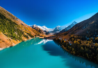 Poster - A stunning turquoise lake is nestled amongst towering mountains with autumn colored trees under a bright blue sky.