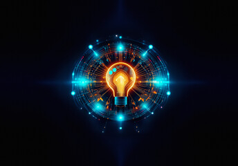 Poster - A vibrant light bulb emits bright light, encircled by glowing blue digital lines and dots that suggest a futuristic network or energy field on a dark backdrop.