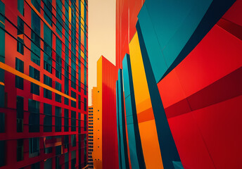 Fototapete - Abstract low angle view of modern buildings with vibrant colors. Geometric shapes in red, blue, yellow, and orange create a dynamic and striking architectural scene.