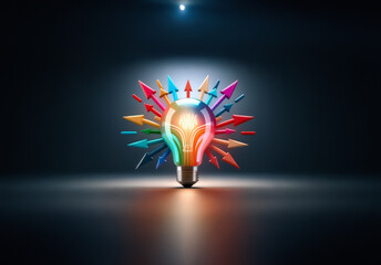 Poster - A glowing lightbulb bursts with colorful arrows against a dark background.  A single spotlight illuminates the scene, symbolizing bright ideas and direction.