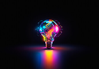 Poster - A glowing light bulb emits neon colors, revealing a circuit board within. It symbolizes bright ideas and technological innovation in a dark setting.
