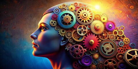 Poster - Conceptual Head with Cogs - Innovation, Technology, and Problem Solving Stock Photo