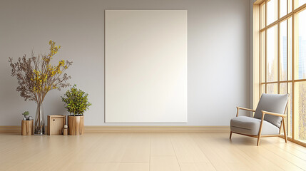 Fototapete - 3D rendering of a minimalist Scandinavian-style living room interior with a white blank canvas on the wall, empty space for artwork or painting, featuring a wooden floor, armchair, and sunlight stream