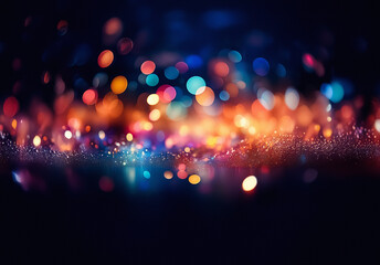 Aufkleber - Blurred colorful lights create a mesmerizing bokeh effect against a dark backdrop. The vibrant hues blend and scatter, evoking a sense of festive celebration and abstract beauty.
