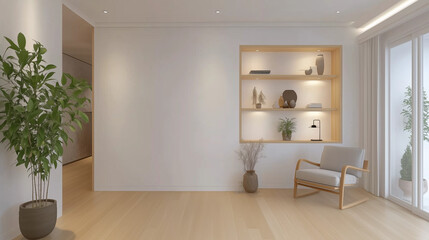Fototapete - 3D rendering of a minimalist Scandinavian-style living room interior with a white blank canvas on the wall, empty space for artwork or painting, featuring a wooden floor, armchair, and sunlight stream