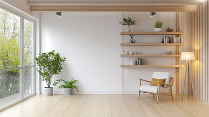 Fototapete - 3D rendering of a minimalist Scandinavian-style living room interior with a white blank canvas on the wall, empty space for artwork or painting, featuring a wooden floor, armchair, and sunlight stream