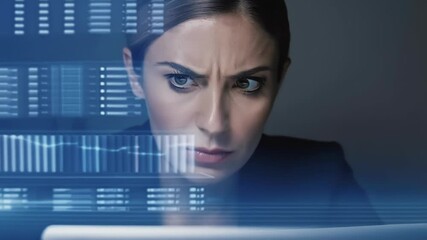 Aufkleber - Businesswoman working late at night analyzing holographic data with a serious expression on her face, illuminated by the glow of the futuristic interface