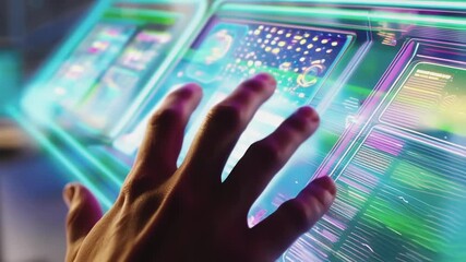 Aufkleber - Researcher manipulating advanced holographic interface, revealing intricate data visualization through precise hand interactions within cutting edge scientific laboratory environment