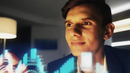 Aufkleber - Young businessman interacting with glowing holographic stock market chart, analyzing data and making strategic decisions in modern office environment