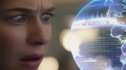 Aufkleber - Businesswoman expressing surprise while examining interactive holographic projection showcasing global business data and planet earth visualization