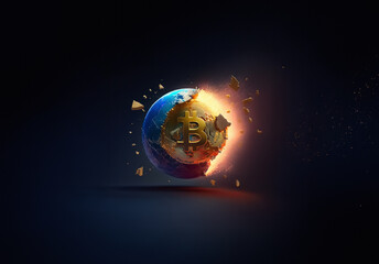 Aufkleber - A globe with a golden bitcoin symbol is fracturing and emitting a bright light, set against a dark background suggesting digital finance disrupting the world.
