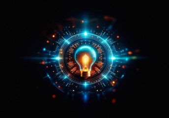Poster - A luminous light bulb is encircled by digital rings and vibrant sparks against a dark background, representing a bright, futuristic, and conceptual idea.