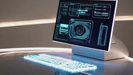 Aufkleber - High tech workstation displaying glowing holographic interface with interactive business data visualization, representing digital workspace innovation and cutting edge technological advancement