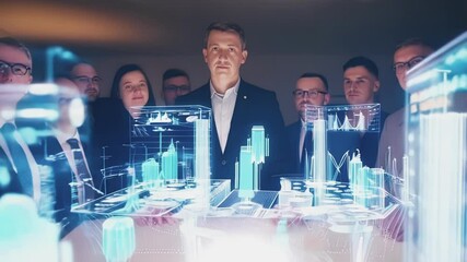 Aufkleber - Group of business professionals engages with a dynamic holographic display, analyzing complex data visualizations in a modern office setting
