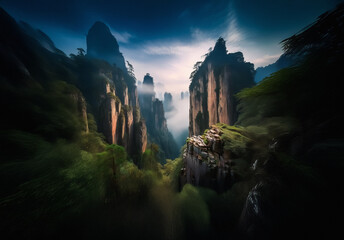 Aufkleber - Majestic mountain landscape with towering rock formations, lush vegetation, dramatic sky, clouds, and light rays piercing through.