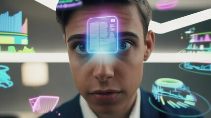 Poster - Business professional interacts with a vibrant holographic interface, showcasing graphs, charts, and data visualizations in a modern workspace