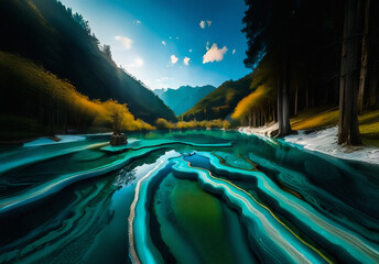 Poster - A vibrant turquoise river flows through a valley, surrounded by lush trees and majestic mountains under a bright blue sky. Scenic landscape with unique water texture.