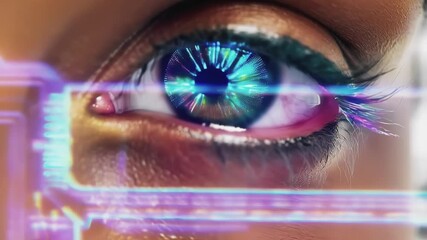 Aufkleber - Close up of a human eye showing intricate digital hologram graphics within the iris, symbolizing advanced technology and artificial intelligence