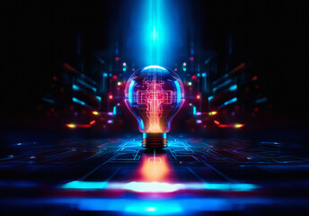 Aufkleber - Illuminated lightbulb with circuit patterns glows in red and blue hues. Futuristic digital tech concept with bright light rays in a dark backdrop.