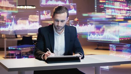 Poster - Business professional interacts with floating holographic graphs and screens, analyzing complex financial data in a futuristic office setting