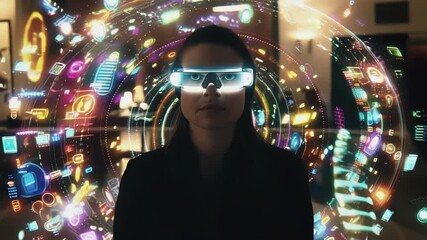 Aufkleber - Professional woman interacting confidently with vibrant holographic interface, wearing high tech glasses within immersive virtual environment showcasing cutting edge digital technology