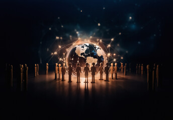 Poster - A group of figures stands in a circle around a glowing globe, symbolizing global connection and unity.  The illuminated earth is surrounded by network lines against a dark, starry backdrop, representi