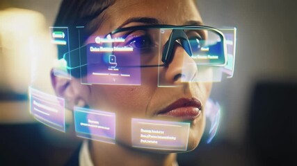 Aufkleber - Professional businesswoman wearing augmented reality headset, analyzing data through holographic interface in sleek, modern workplace, representing digital transformation and tech innovation