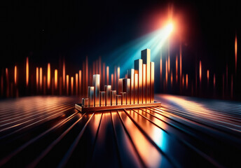 Poster - Illuminated golden bar chart on reflective metal surface. Spotlight shines from above. Dark backdrop with glowing vertical lines.