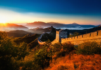 Poster - A majestic view of the Great Wall winding through mountainous terrain at sunrise.  Golden light bathes the ancient structure and surrounding landscape in warm hues.