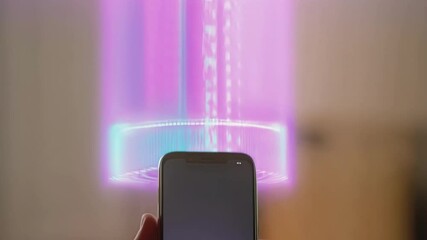 Fototapete - Businessman interacting with holographic data projection emerging from smartphone, showcasing cutting edge augmented reality technology against clean white background