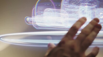 Fototapete - Businessman manipulating advanced holographic interface, navigating complex data through intuitive hand gestures in high tech corporate environment