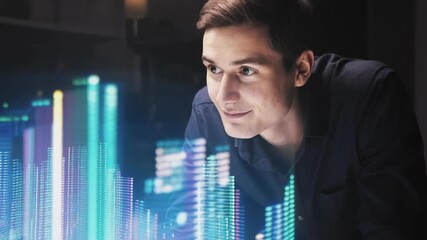 Fototapete - Businessman examines holographic projection of city skyline with data visualization, exploring innovative urban planning and development concepts