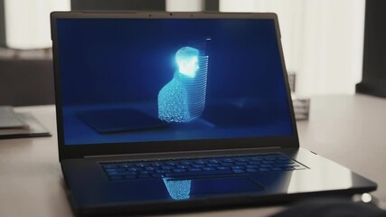 Fototapete - Cutting edge laptop projecting rotating holographic representation of businessperson working in sleek corporate workspace, highlighting advanced technological visualization