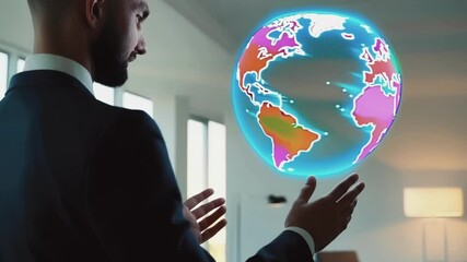 Fototapete - Businessman in a suit interacts with a colorful holographic projection of earth, seemingly manipulating the globe with hand gestures within a contemporary office setting