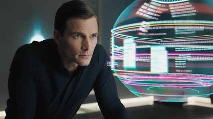 Fototapete - Businessman working late in futuristic office analyzing glowing holographic data visualization of digital information, big data, and financial market trends